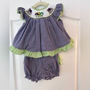 Krewe smocked Mardi Gras bloomer set